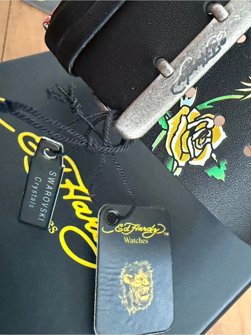 Ed Hardy Rockstar Roses Black Leather & Swavorski Cuff Watch Y2K BNIB Vintage